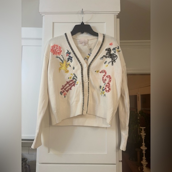 Cinq a Sept Nyla embroidered beaded animal cardigan in cream ivory - Picture 7 of 8